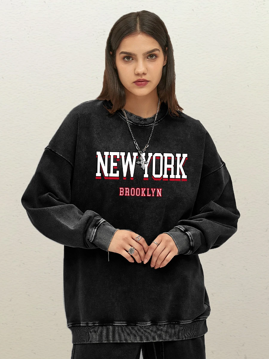 New York Brooklyn Letter Print Woman Washed Cotton Sportswear Autumn Multicolor Clothes Street Quality Tops Hip Hop Sweatshirt