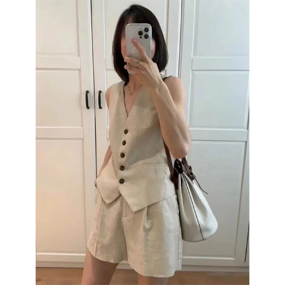 

Linen Vest Shorts Suit Women's 2 Piece Set Summer New Sleeveless Cotton Linen Suit Vest Jacket Knee-Length Short Pants Outfits