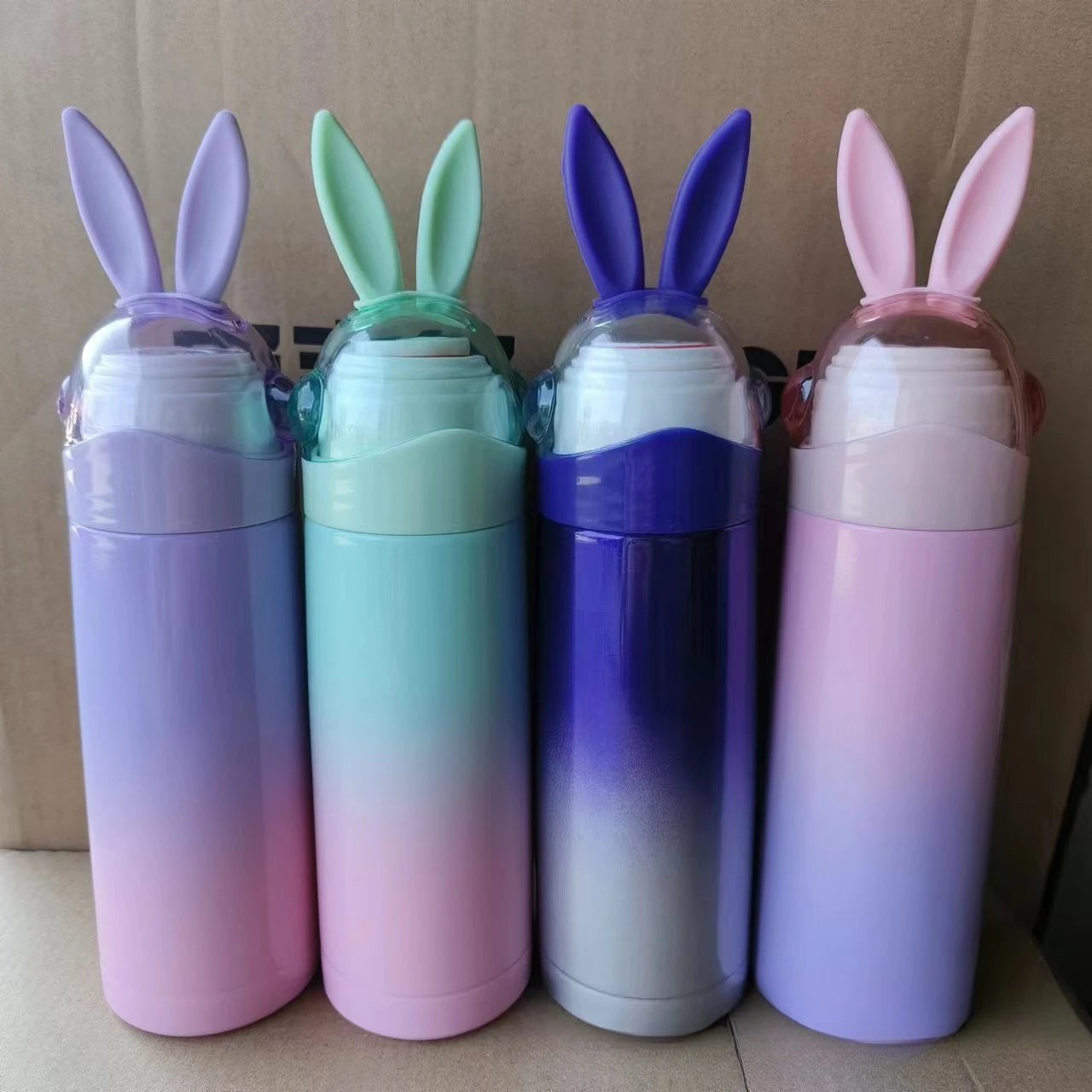 Cute Bunny Ear Insulated Water Bottle Gradient Color 304 Stainless Steel Vacuum Flask Portable Leak-Proof Travel Mug For Girls