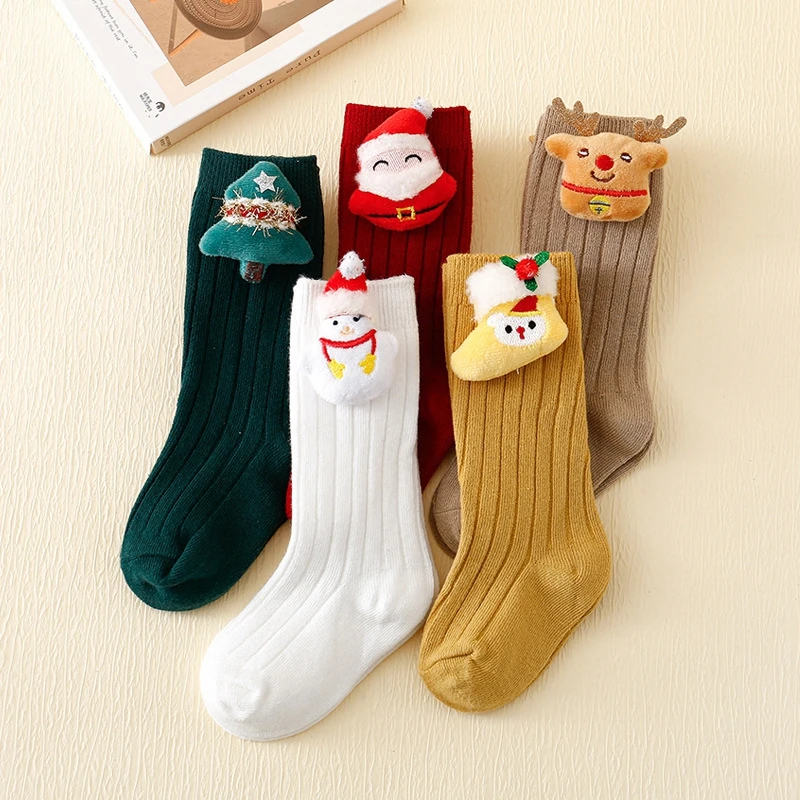 Blotona Kids Christmas Socks Soft Crew Socks with Cartoon Doll Breathable Elastic Walking Socks for Baby Clothing Accessory