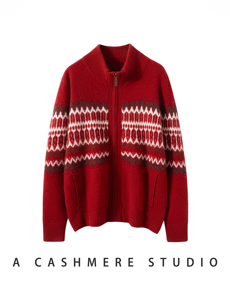 

TLOML Women's 100% Cashmere Sweater Fair Isle Mock Neck Zipper Cardigan Autumn Winter Thick Cashmere Knitwear Casual Style Tops
