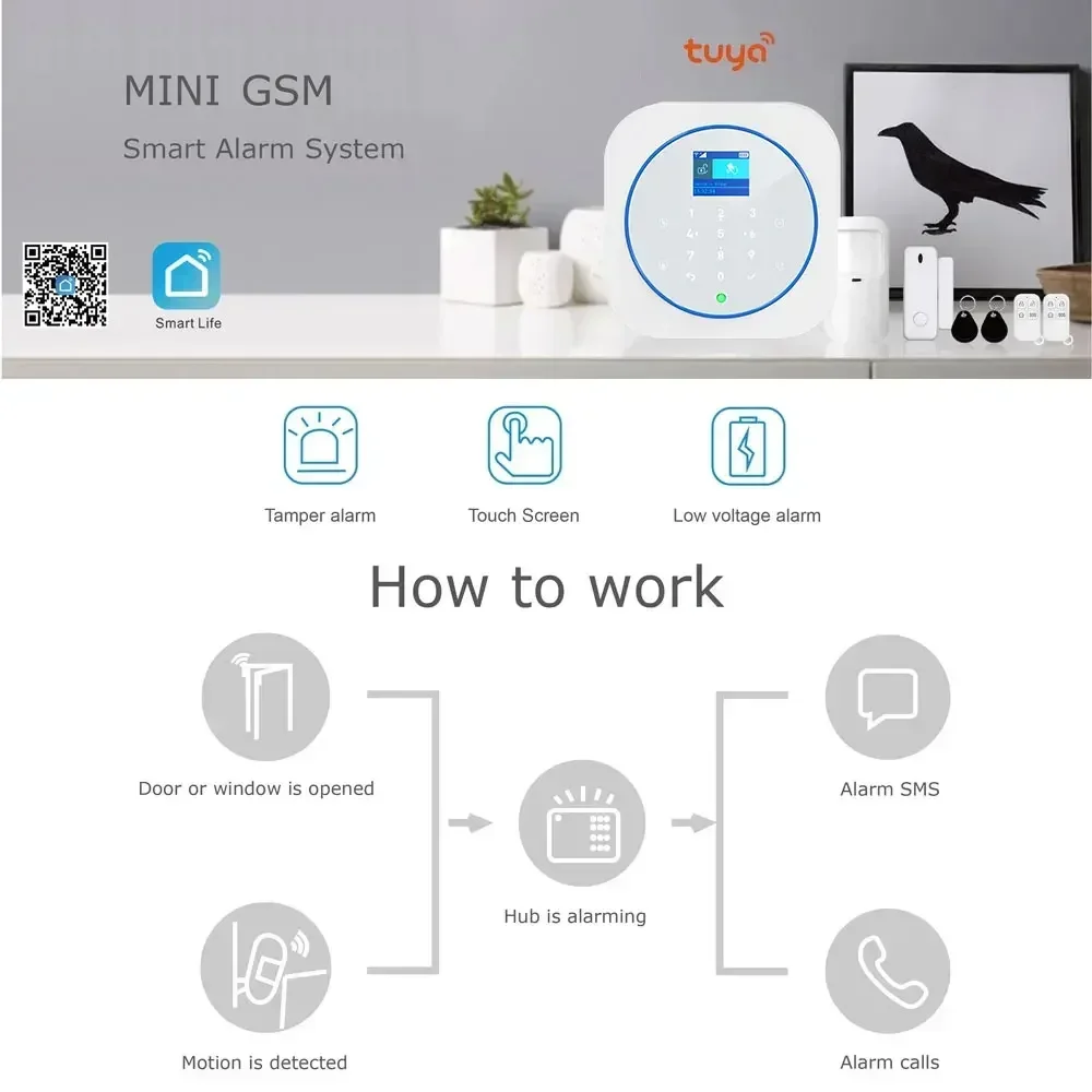 Tuya WiFi GSM Home Security Protection Smart Alarm System LCD Screen Burglar Kit APP Remote Control Arm+smoke Alarm