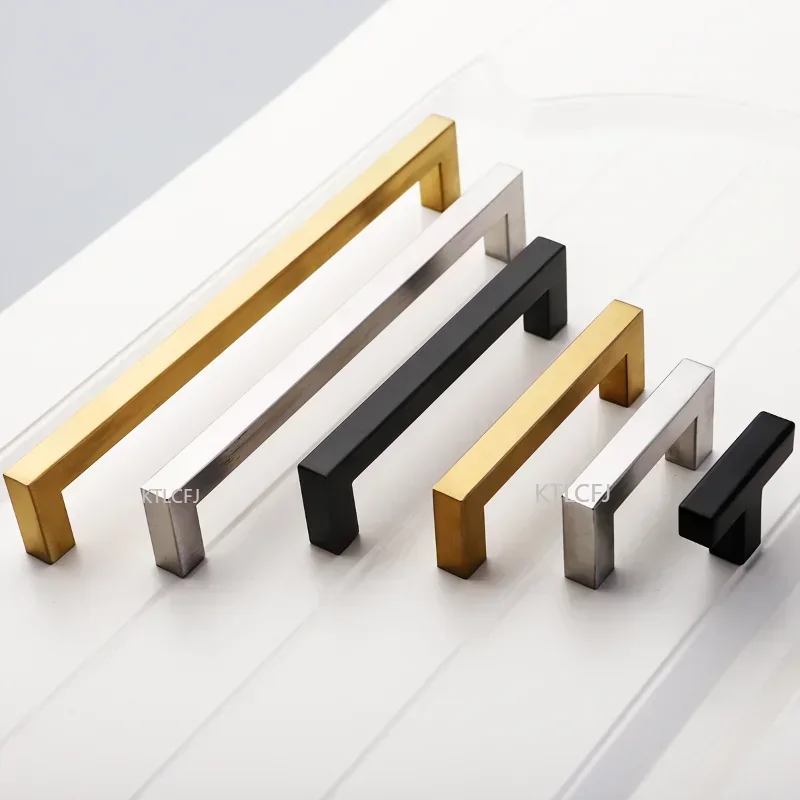 Modern Black Cabinet Handle Square Furniture Hardware Stainless Steel Kitchen Door Knobs Cupboard Wardrobe Drawer Pulls