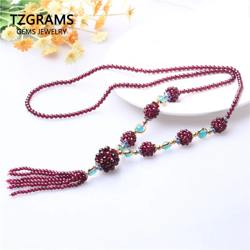 Genuine Natural Garnet Long Sweater Necklace Hand Braided Small Gemstone Beads Beautiful Fine Jewelry Solid 925 Silver