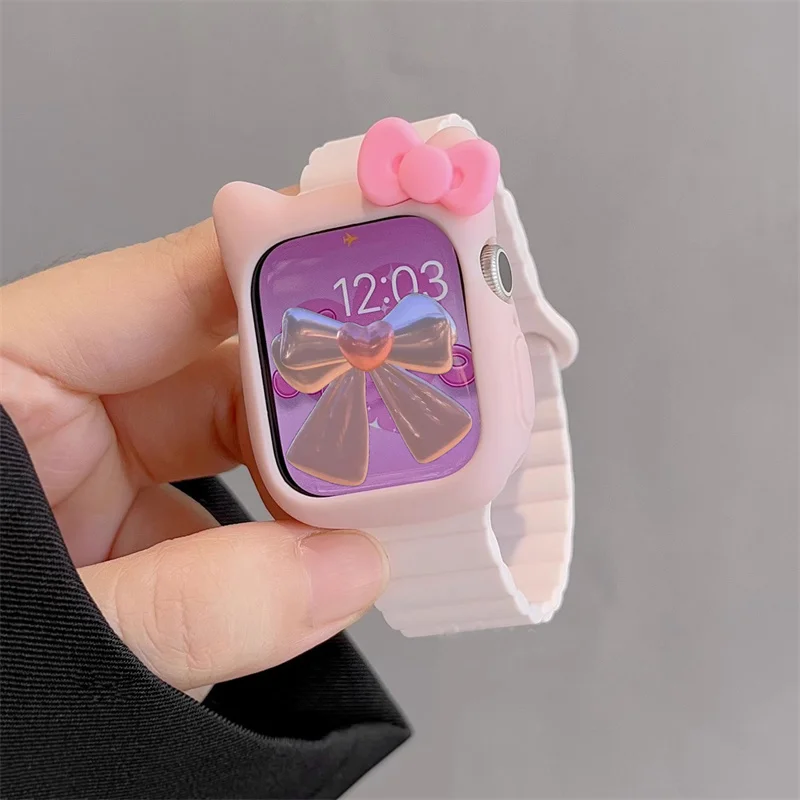 Y2k Cartoon Cute Bow Cat Ears Case + Magnetic Strap For Watch Case 44mm 42mm 38 40 Correa Bumper For Apple Watch Ultra 7 Cover