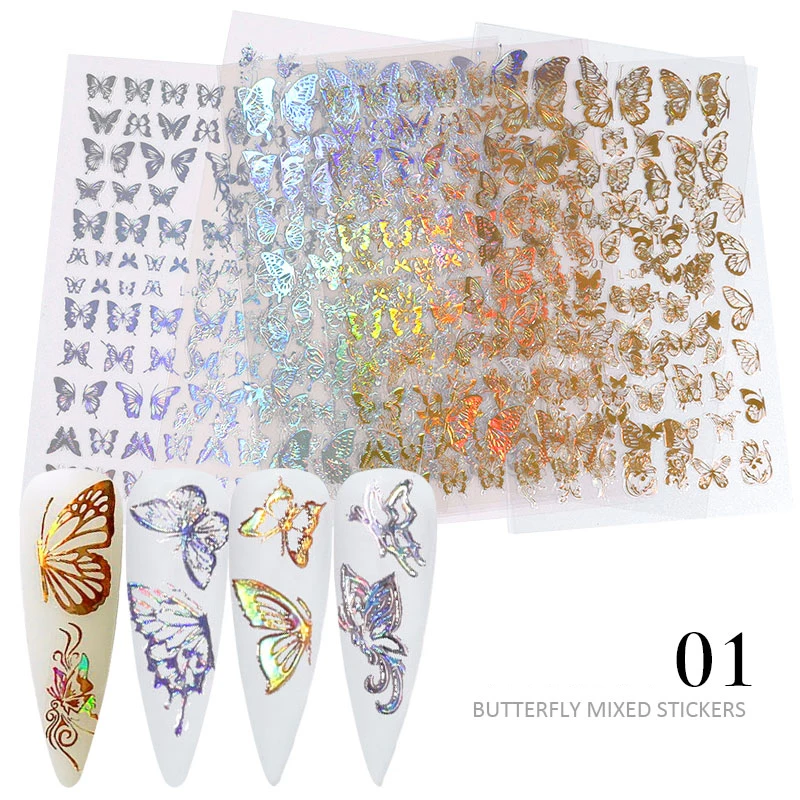 8Pcs/12Pcs Simulation Butterfly Nail Sticker Set Mix  Colorful Butterflies Slider Nail Art Stickers 3d Laser Decals Decorations