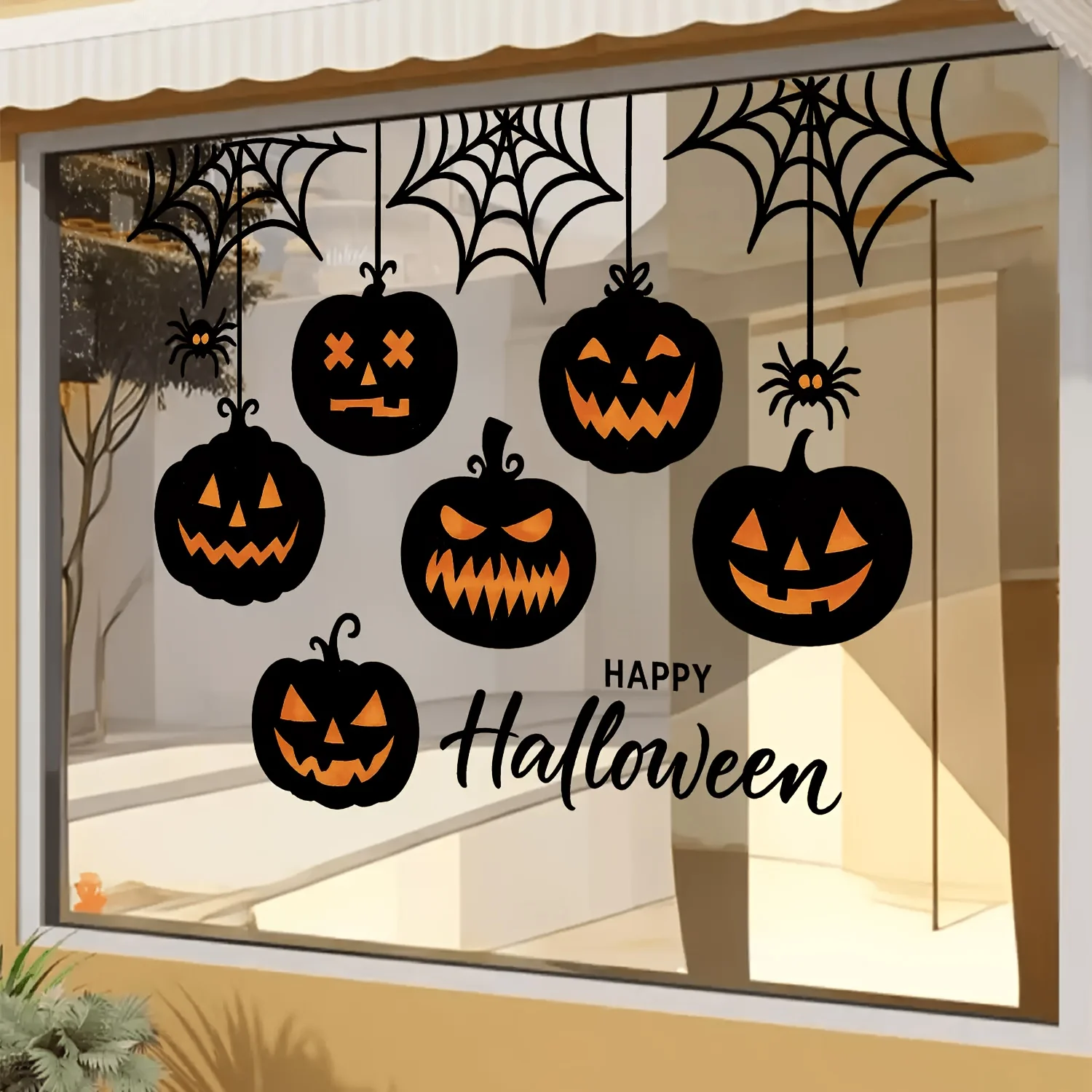 Halloween Geister-Kürbis Fensterdekoration Silhouetten Spinnennetz Statische Aufkleber PVC Wiederverwendbar Ohne Klebstoff Glas-Dekorationen für Heim-Party-Deko