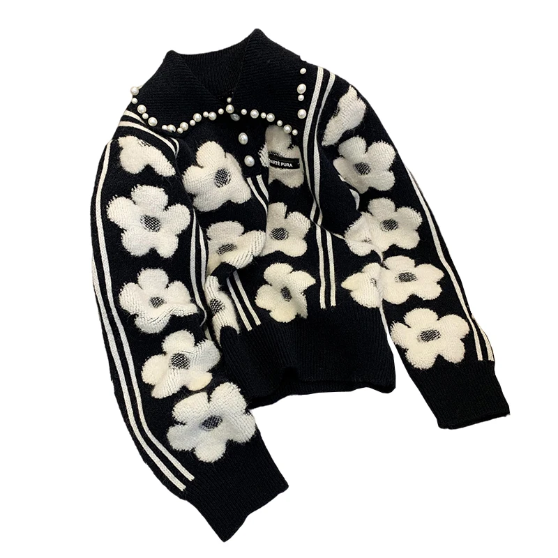 Pearl Beading Floral Knitted Women Sweater Tops 2022 Autumn Winter Vintage Elegant Ladies Pullover Long Sleeve Fashion Jumpers