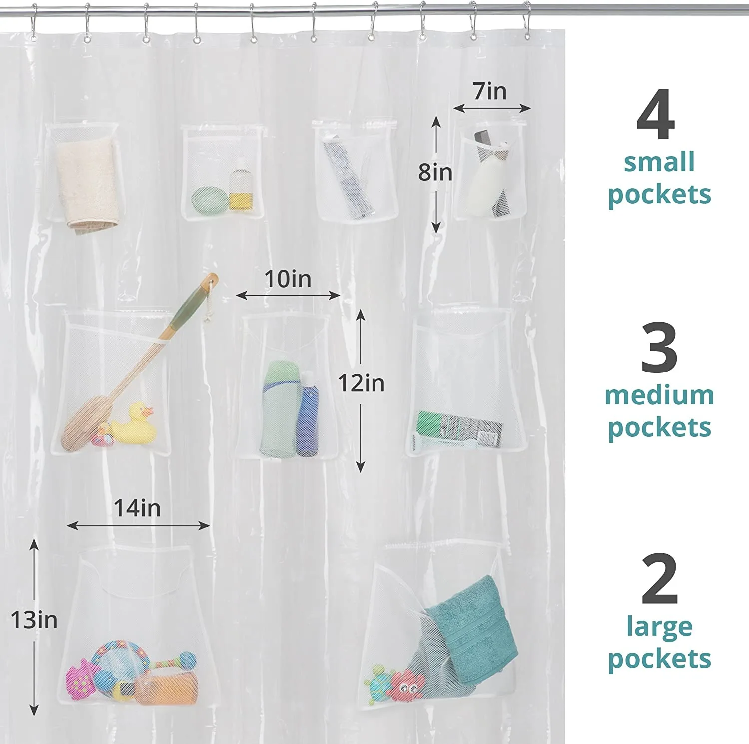 Inyahome PEVA Shower Curtain Liner and Bath Organizer with 9 Storage Pockets Water Resistant Bathroom Curtains Rust Resistant