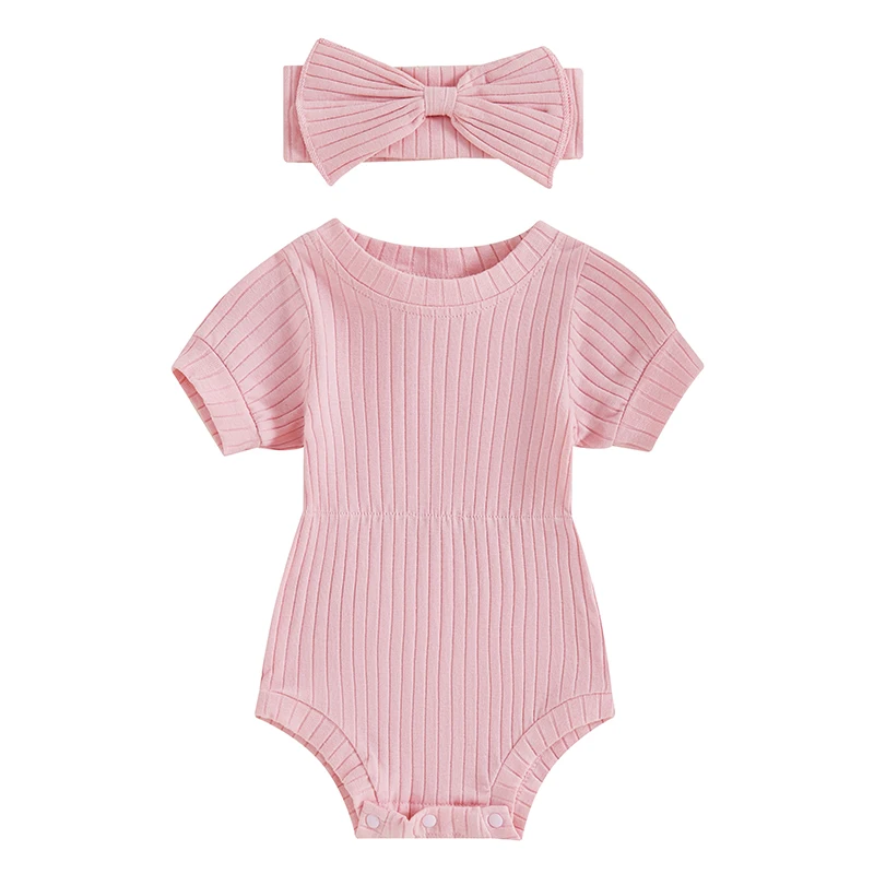 Motlapol Baby Girl Newborn Clothes Short Sleeve Crewneck Ribbed Knit Romper with Bow Headband Set Cute 2Pcs Summer Clothes