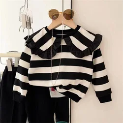 Hoodies Girls Autumn Turn Dowm Collar Tops New Children Stripe Hoodie Baby Two Pieces Simple Fashion Loose 2024