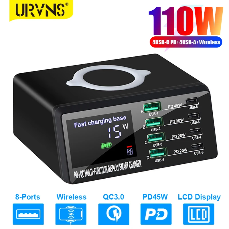 URVNS 9 in 1 Charging Station, 110W Multi-port Desktop Charger with 4USB-C 45W, 4USB-A and 15W Wireless Charging for Cell Phones