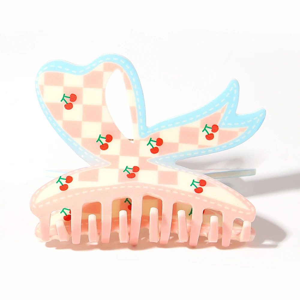 Sweet Pink Lattice Cherry Bowknot Large Size Hair Claw Clip For Women New Ponytail Geometric Hairpin Hair Accessories Headwear
