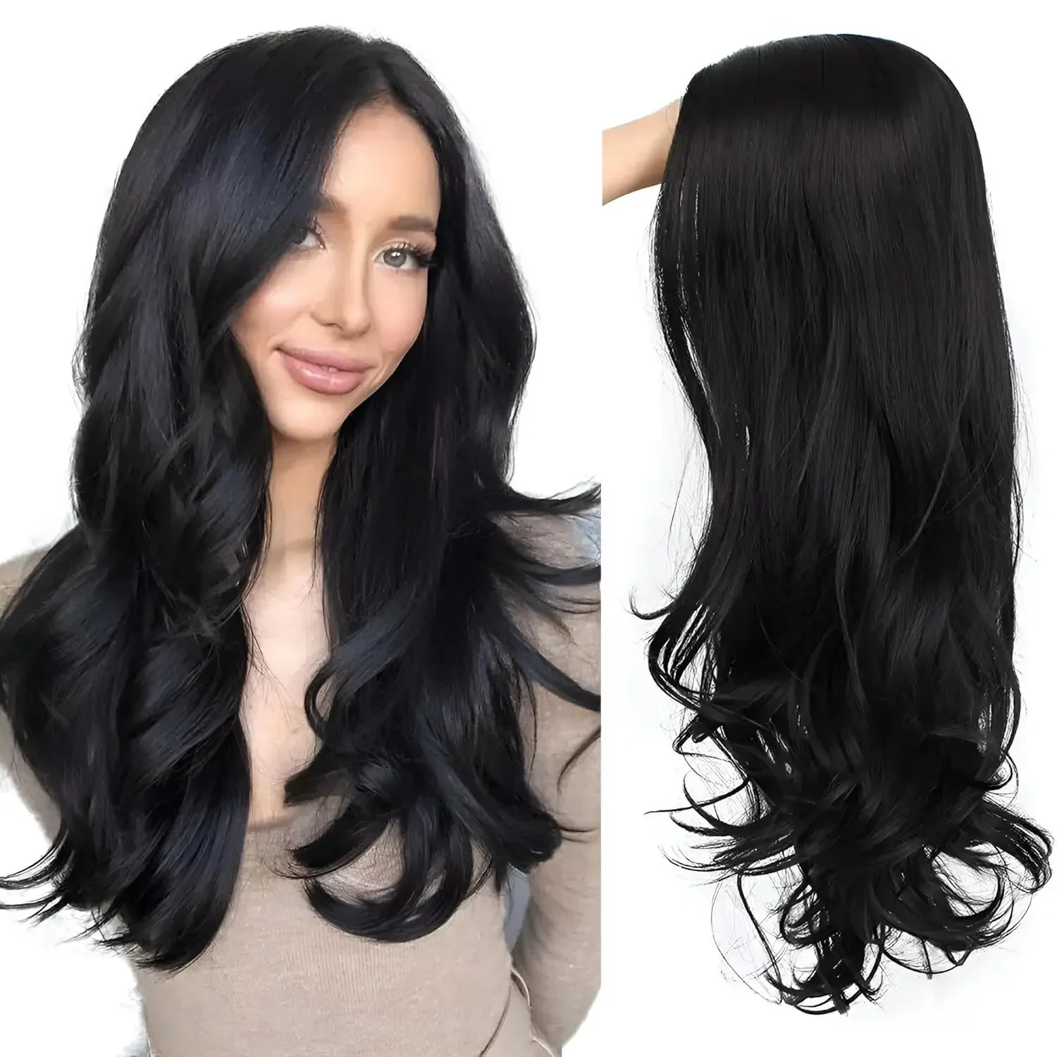 Perruque longue ondulée noire pour femmes noires blanches, perruque synthétique sans dentelle, océan foncé, plage, corps ample