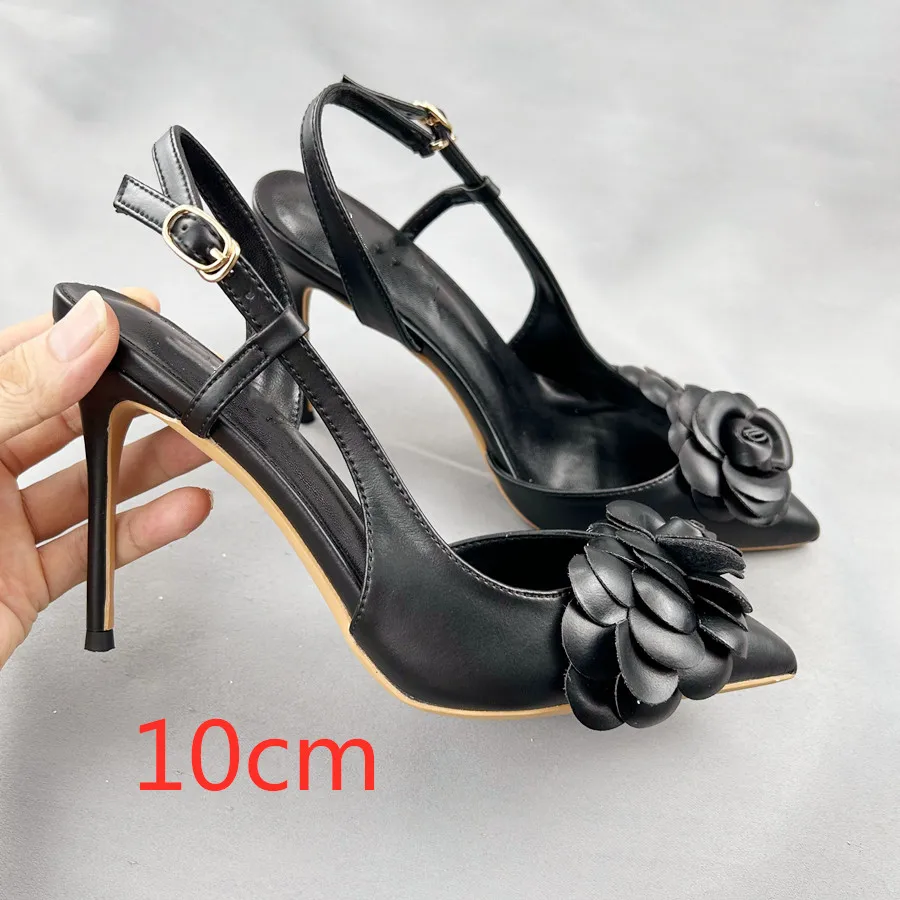 Tikicup Design Elegant Black Matte Flower High Heel Gladiator Sandals Women's Sexy Pointy Toe Backless Stiletto Pumps 12cm 10cm