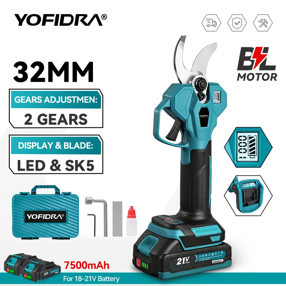 YOFIDRA Potatore Elettrico Senza Spazzole Cesoia 2 Ingranaggi 32 Millimetri Cordless Forbici Elettriche Rami di Albero Attrezzi Da Giardino Per Makita Batteria Spille