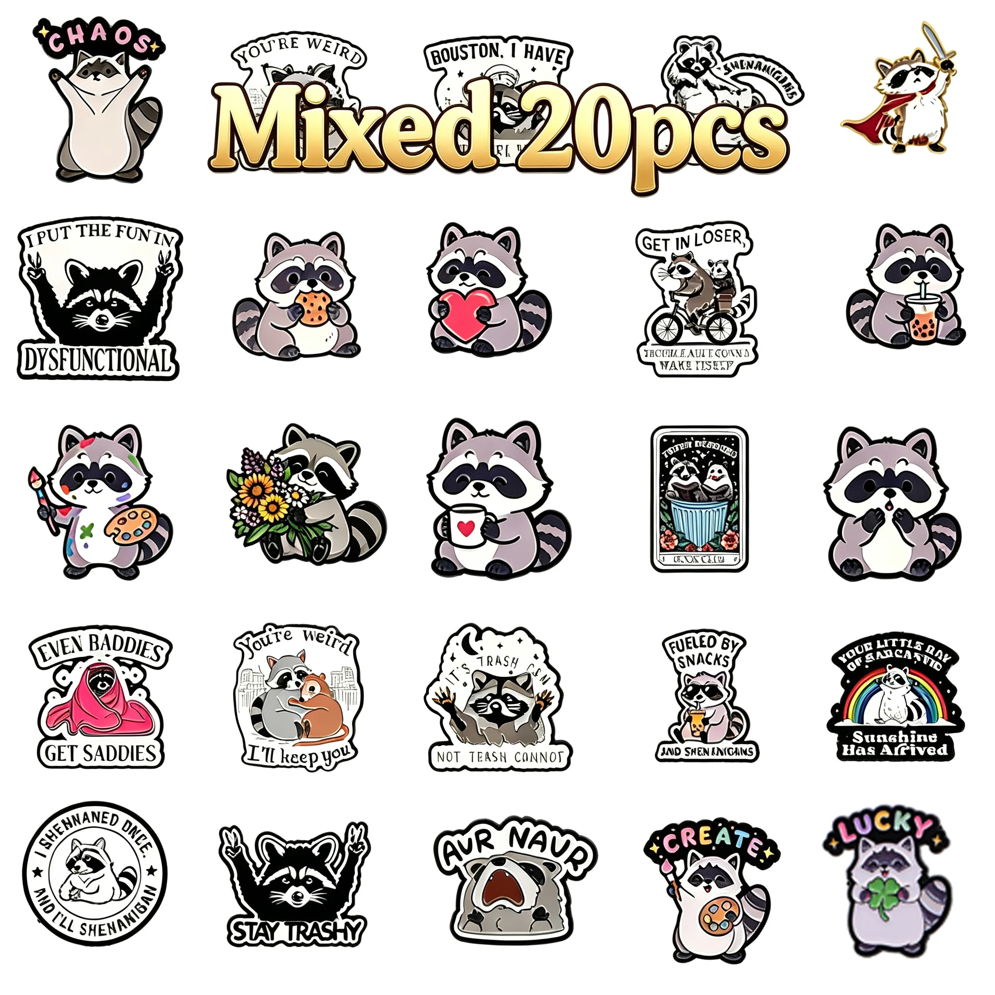 Mixed 20Pcs Funny Raccoon Enamel Pins Cartoon Animal Lapel Badge Brooch For Backpack Jacket Hat Clothing Decor Jewelry