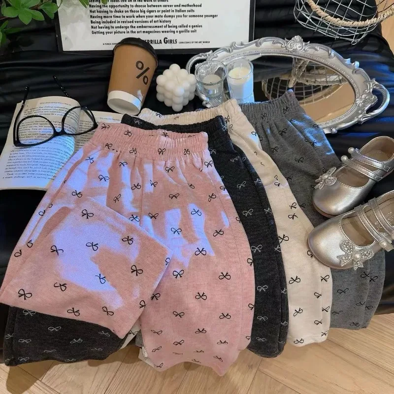 Spring Autumn Girls Printed Wide Leg Pants Bow Decor Elastic Straight Casual Leggings Outer Wear Long Trousers for Baby Kids