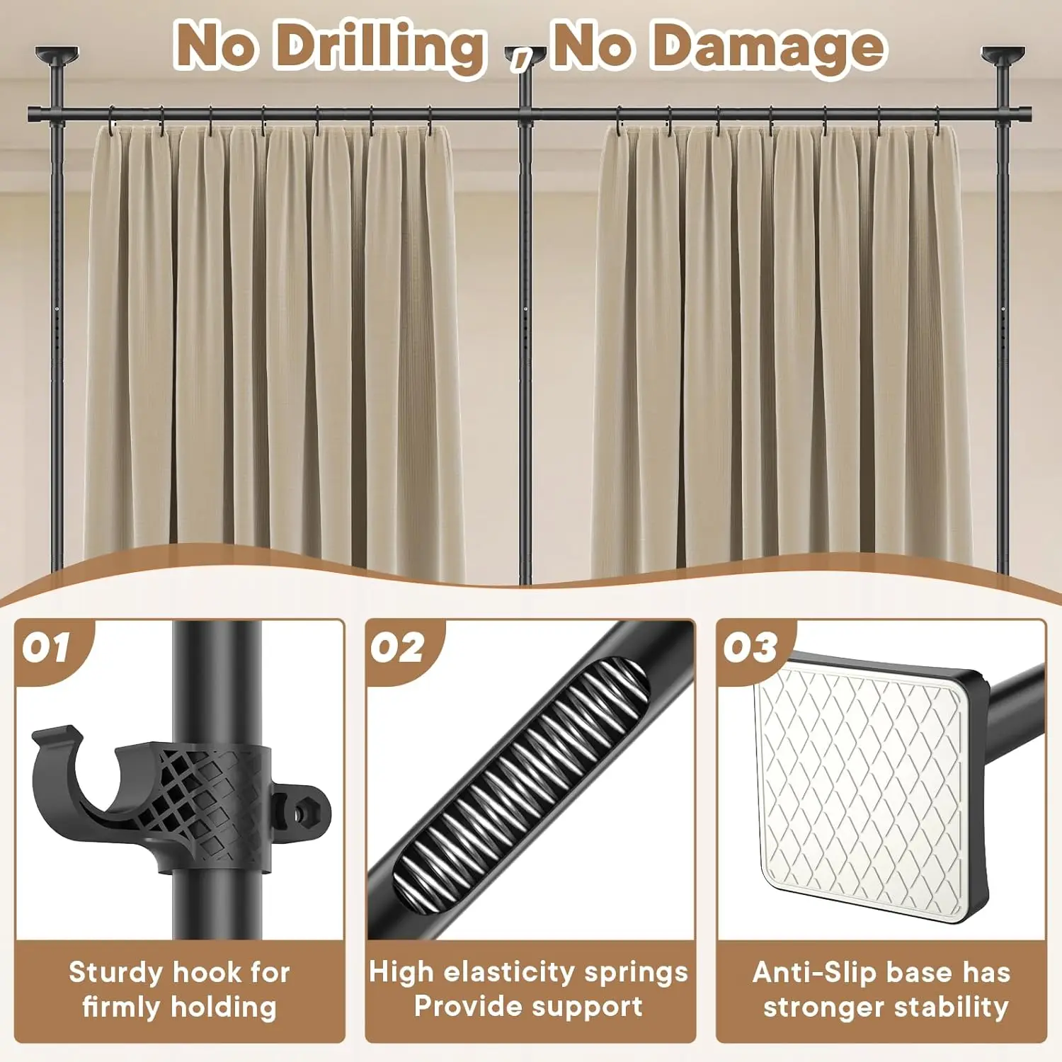 

Divider Curtain Rod, No Drilling Tension Rod for Room Separation, 4-10ft(H)28-114inch(W) Adjustable Heavy Duty Floor