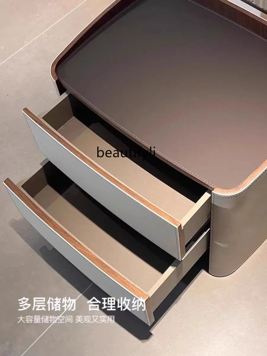 

zxqItalian High-End Walnut Minimalist Modern Light Luxury Saddle Leather Bedside Table Minimalist Nordic Bedroom Bedside Cabinet