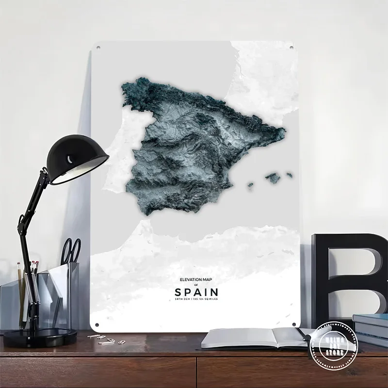 Spain Elevation Relief Map Poster Retro 3D Printed Metal Signs Customized Wall Hanging Gift for Living Room Decoration Items