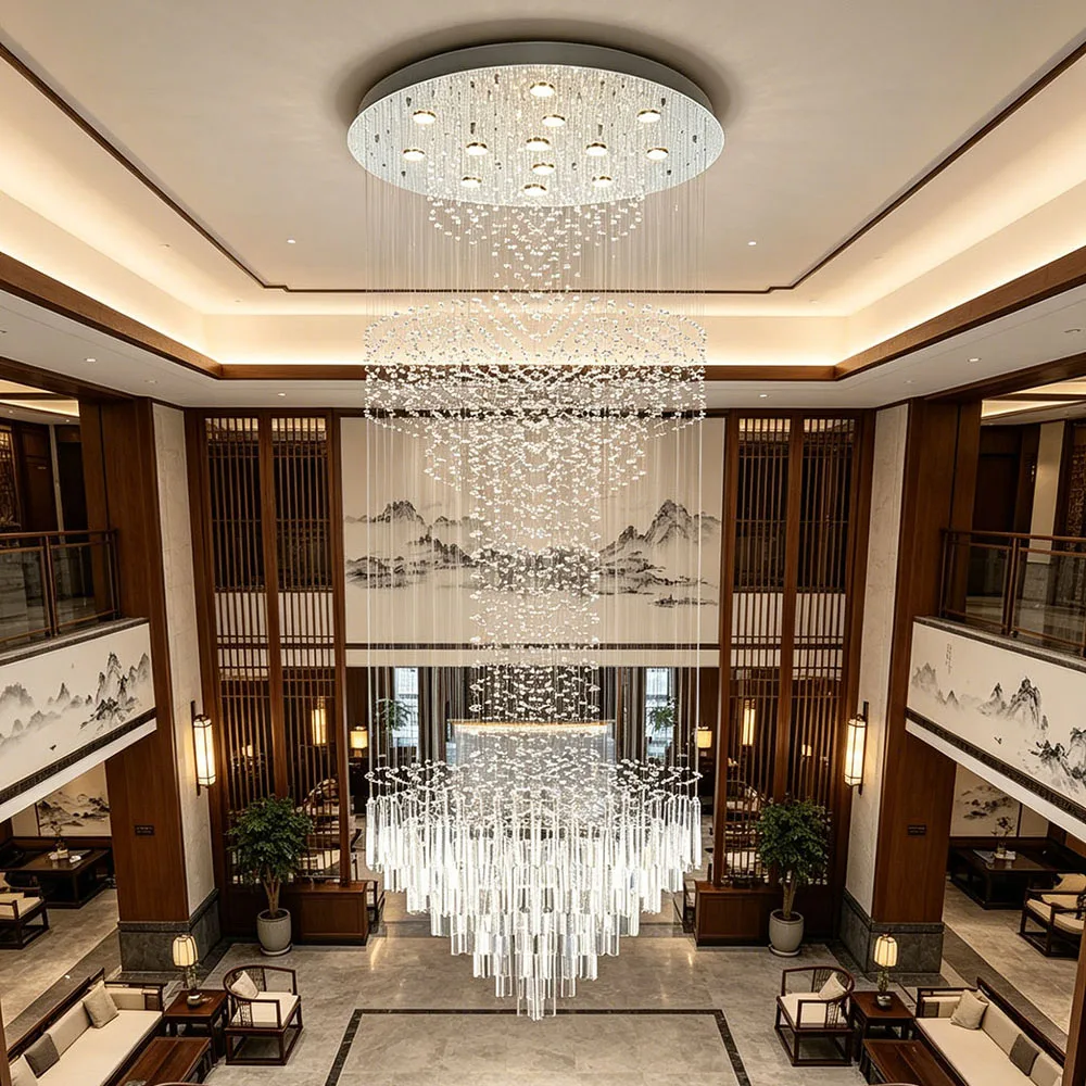 

Luxury Vertical Crystal Pendant Light Long Drop Design Ceiling Lamp For Two Story Loft Stairwell Entrance Hall Home Decor