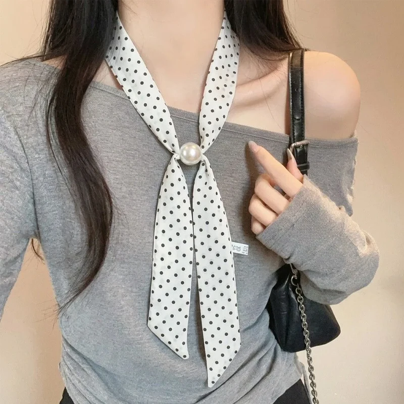 Vintage Women Scarf Polka Dot Buckle Neckerchief French Elegant Headband Ribbon Neck Band Lady Decorative Hair Tie Bag Accessory