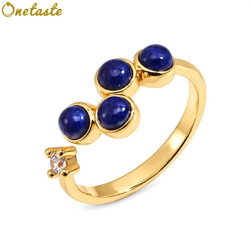 925 Sterling Silver Lapis Lazuli Round Stone White CZ Open Rings For Women Trendy Simple Adjustable Statement Ring Party Gift