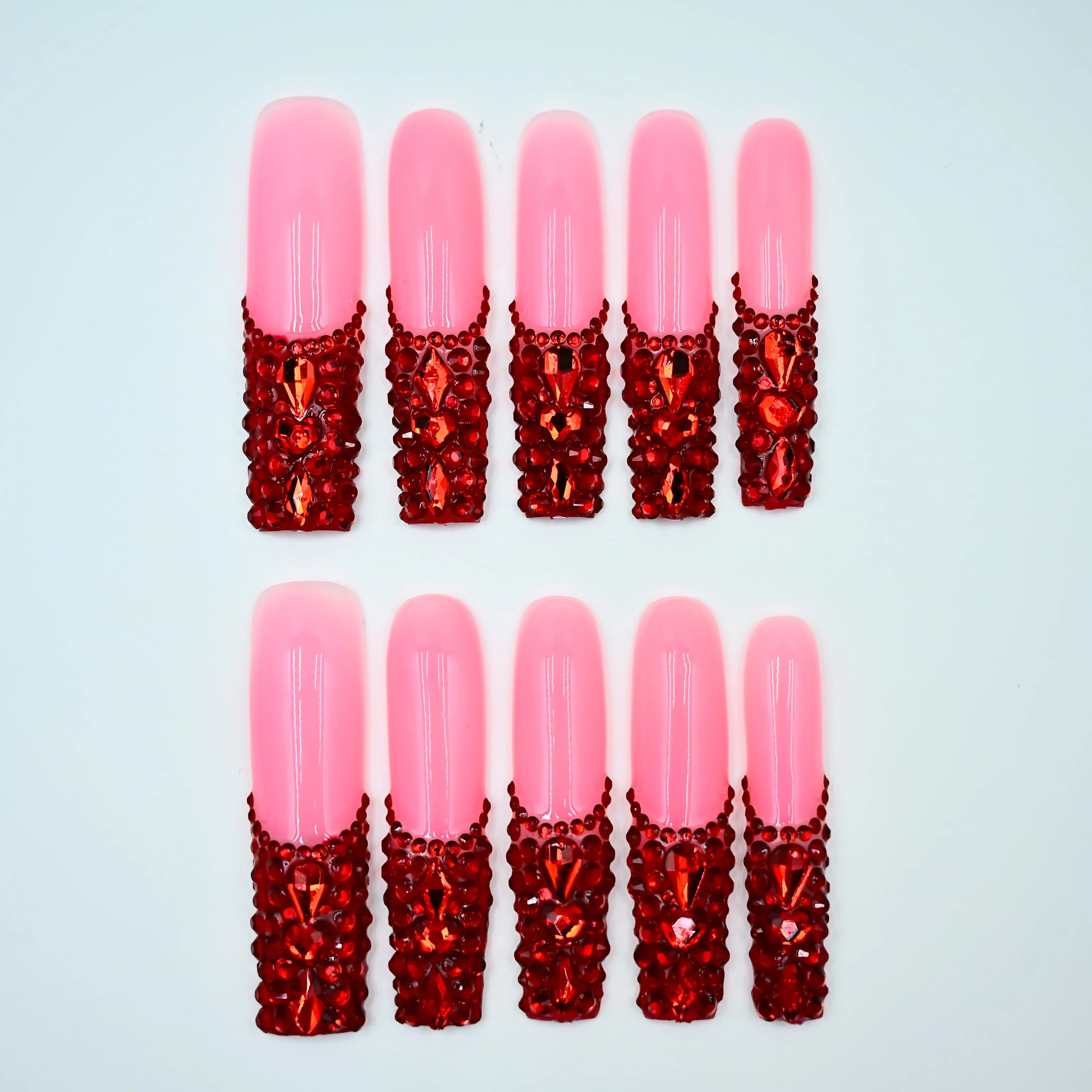 

10Pcs Handmade Long Square Press on Nails, Glam Shiny Style with Bright Pink Gradient & Dense Red Rhinestone Accents, Perfect fo