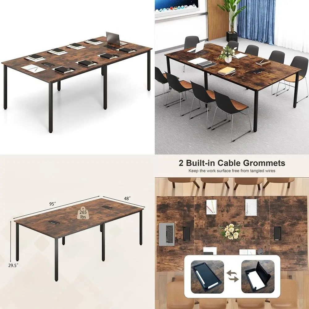 8 FT Conference Room Table, Large Meeting Desk Seats up to 10 People, 2 Cable Grommets, Rectangle Seminar, Business Table, Trai