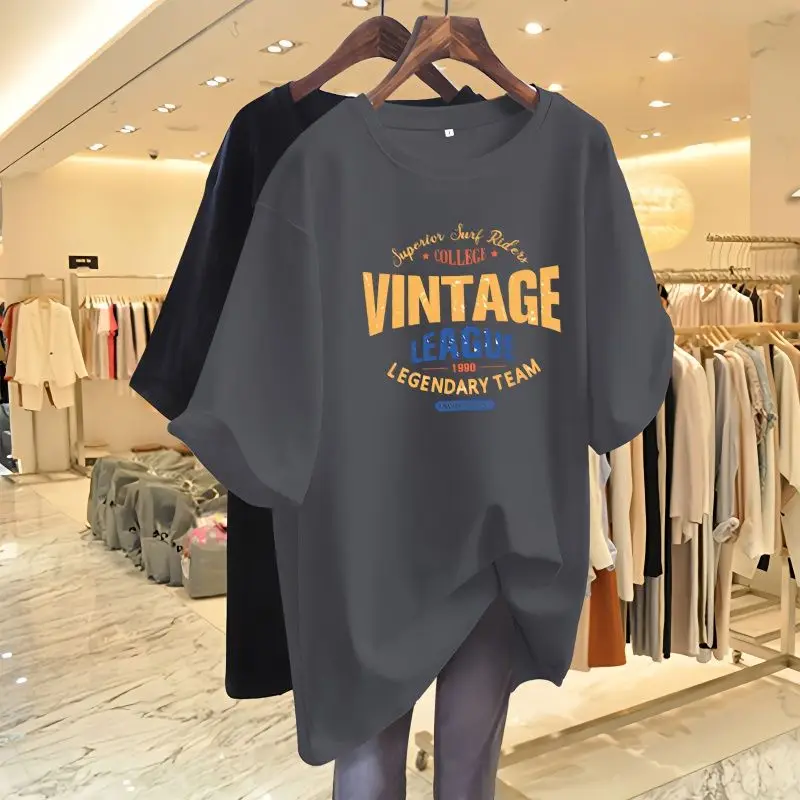 

Women Letter Printed Vintage T-shirt Summer Casual Chic Basics Pure Cotton O-neck Tops Short Sleeve Pullovers