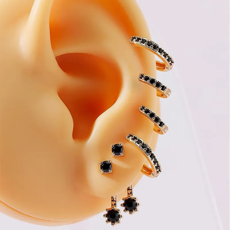 3 Pcs Turquoise Mini Earrings Set Gold Color New Design Hoop Earrings Cute Luxury Jewelry Gift Set Black Color Stones Options