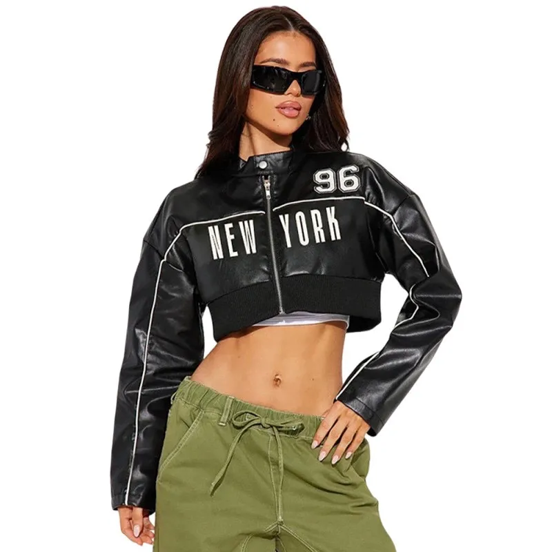 Faionable مطبوعة المرقعة سستة جلدية Jaet المرأة سليم صالح ort Sle مثير Sle طويل Sve Fce اصطف معطف #5