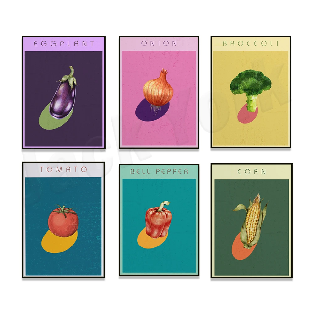 Colorful vegetable poster, onion, eggplant, corn, bell pepper, avocado, tomato, broccoli vegetarian art, kitchen decoration