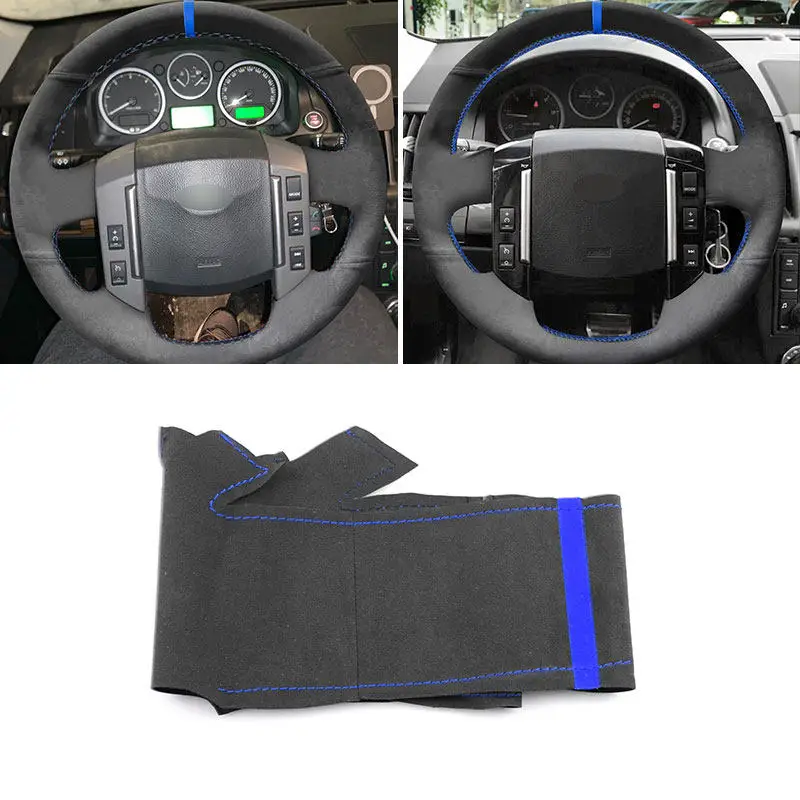 For Land Rover Freelander 2 2007 2008 2009 2010 2011 2012 Suede Leather Car Interior Steering Wheel Cover Trim blue line strip