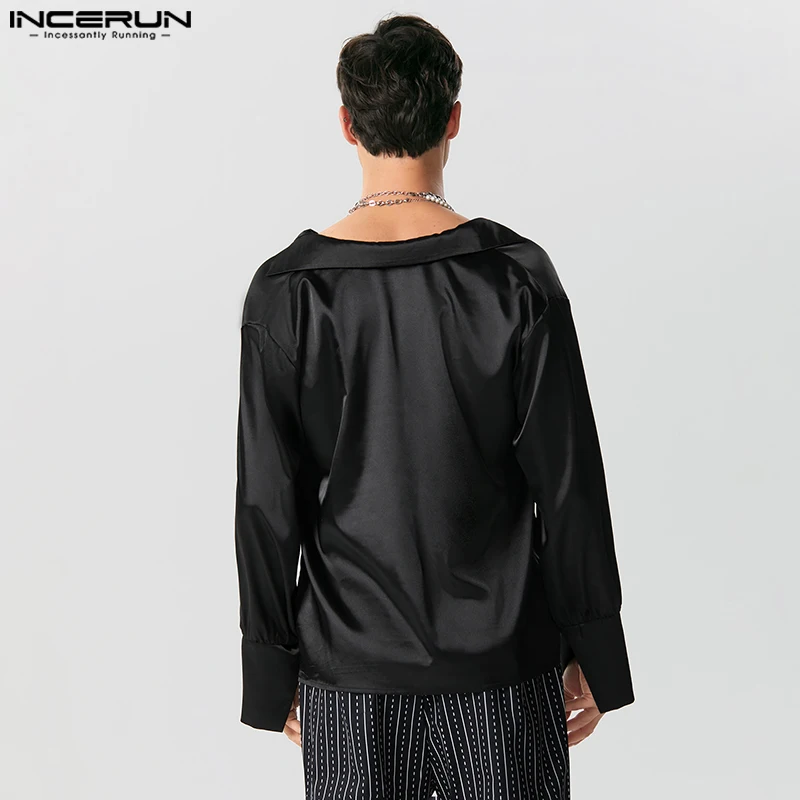 INCERUN Tops 2024 American Style New Men Fashionable Satin V-neck Shirts Casual Male Solid Well Fitting Long Seeved Blouse S-5XL