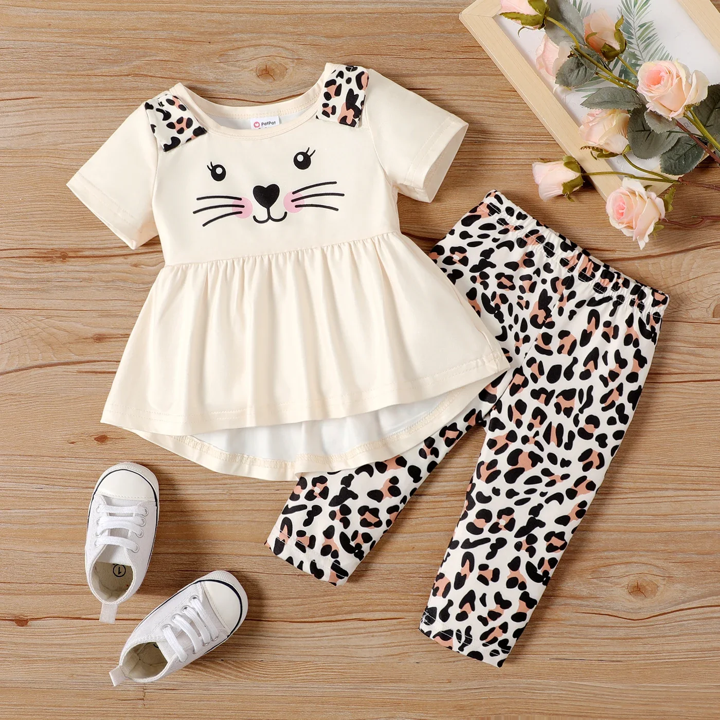 PatPat 2pcs Baby Girl Cat Print Ruffle Hem Short-sleeve Top and Leopard Pants Set Suitable for Summer Season