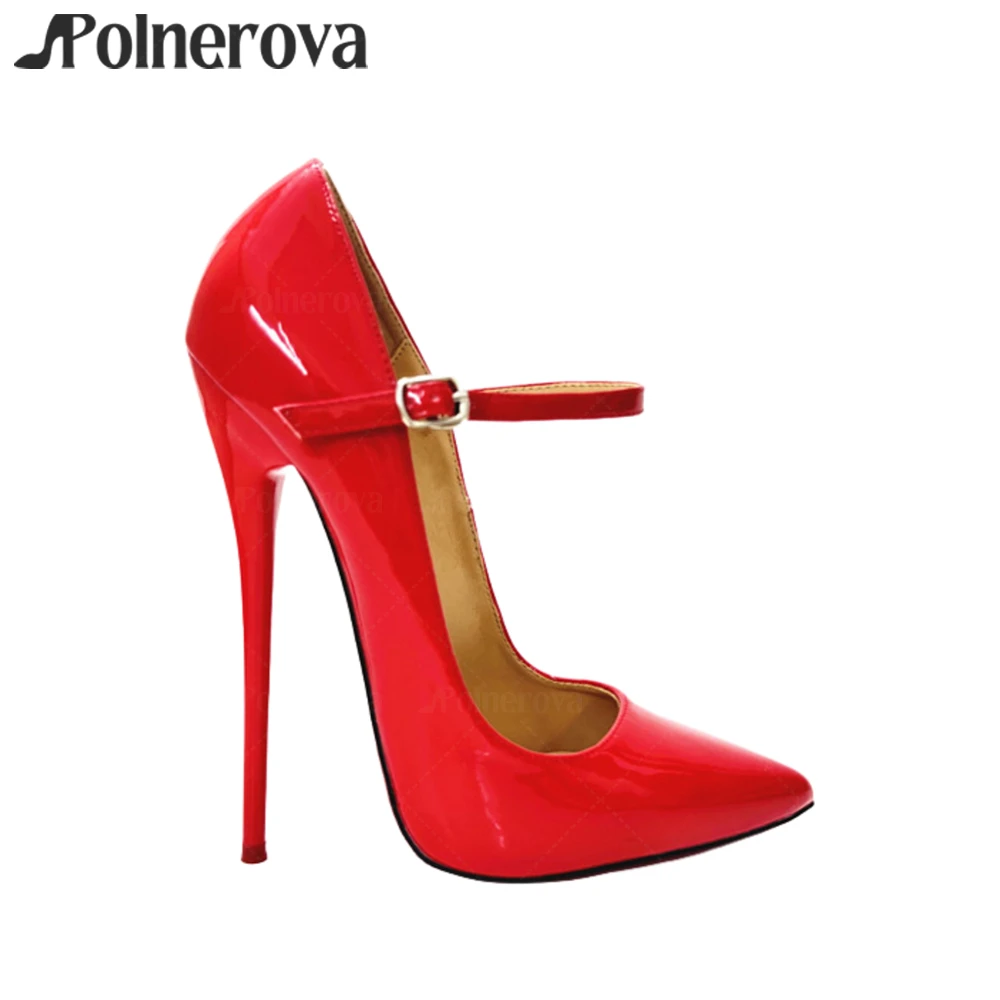 

Red Patent Leather Buckle Pumps 16cm Extreme Lacquered Heel Pumps Elegant Style Multicolor Patent Leather High Heels for Women