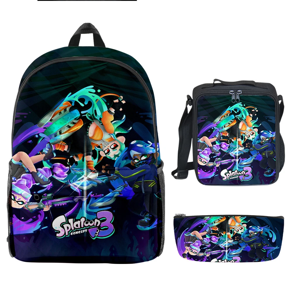 Luxury Novelty Cool Splatoon 3 3D พิมพ์ 3 ชิ้น/เซ็ตนักเรียนโรงเรียนกระเป๋าแล็ปท็อป Daypack กระเป๋าเป้สะพายหลัง Crossbody ถุงอาหารกลางวันดินสอกรณี