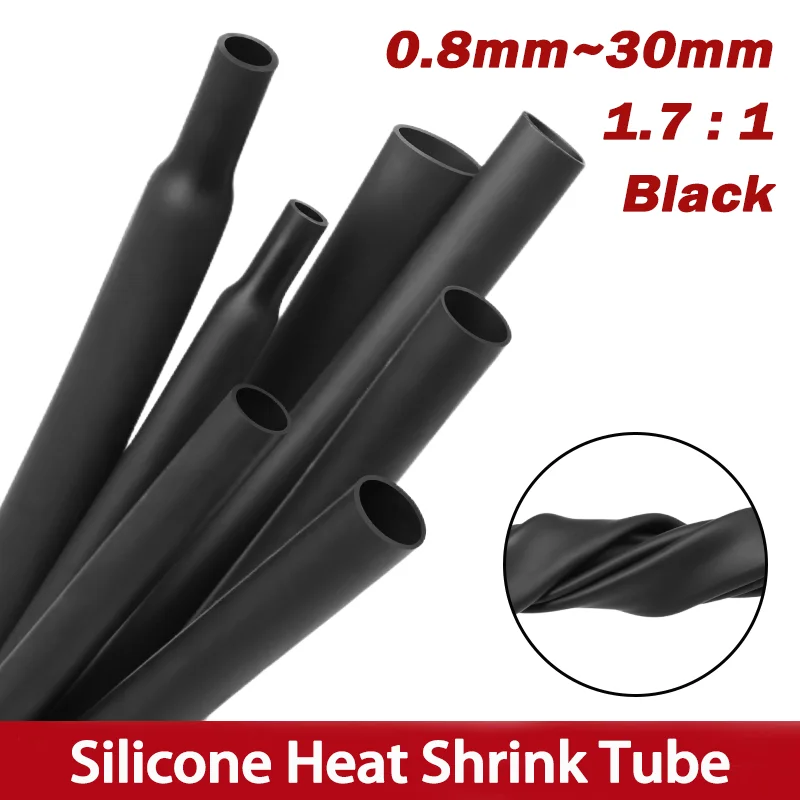 

1/5M 1.7:1 Black Silicone Heat Shrink Tube 0.8mm~30mm Flexible Cable Sleeve Insulated High Temperature DIY Wire Wrap Protector