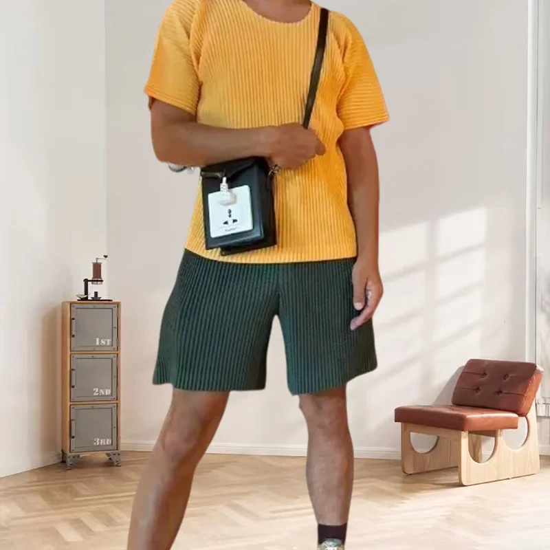 Miyake Pleated Short 2025 Summer Plisse Shorts Fold Men Solid Casual Loose Pleats Pants Basic Daily Wear Pleat Shortsc Solid Men
