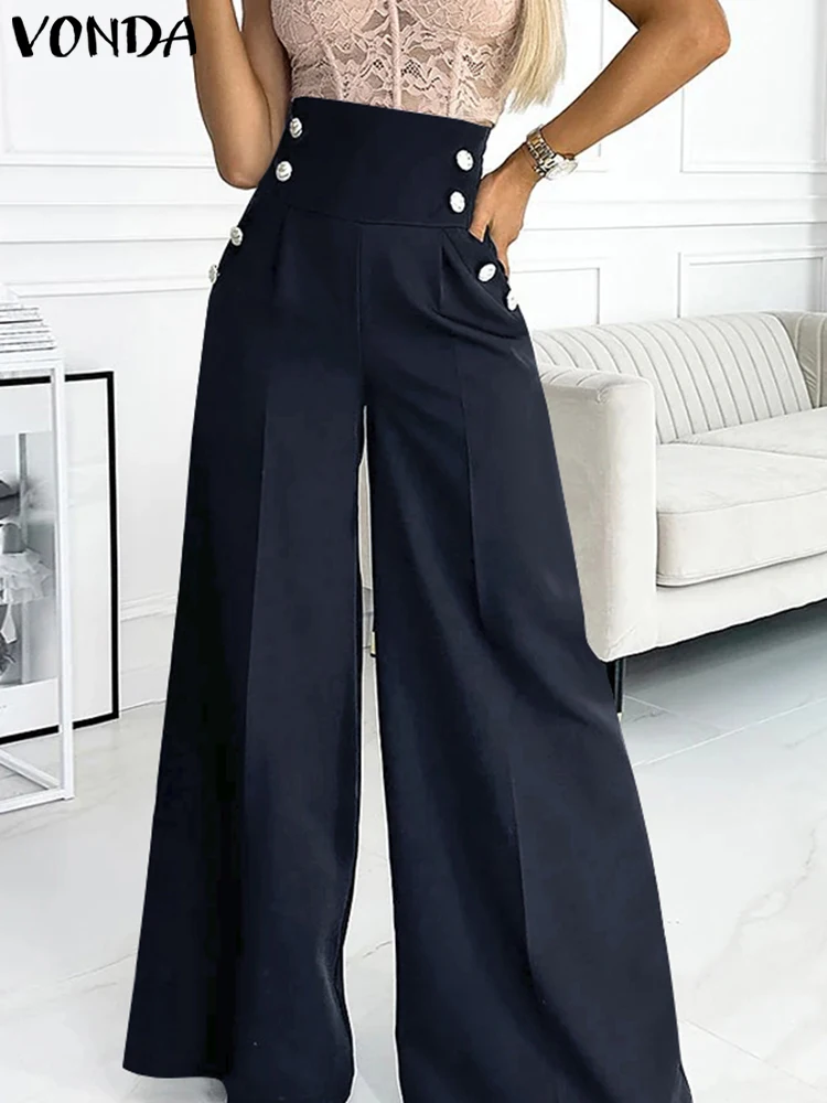 Plus Size 5XL VONDA 2024 Women Long Trousers Casual Solid Color Wide Leg Pants High Waist Double Breasted Design Autumn Bottoms