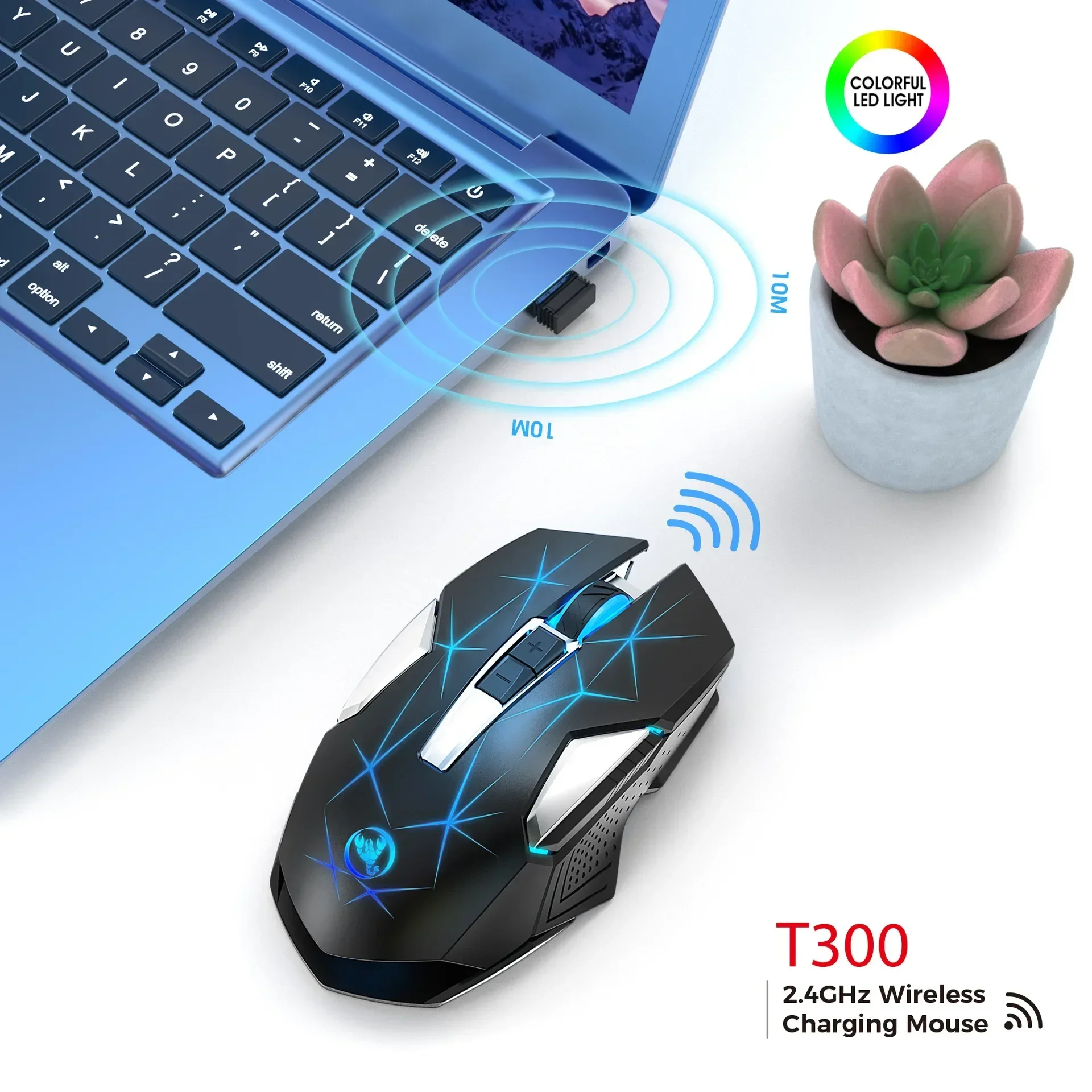 ZLRLMHY7-Souris optique de jeu sans fil, rétroéclairage T300, 2.4G, 600mAh, aste, couleur RVB