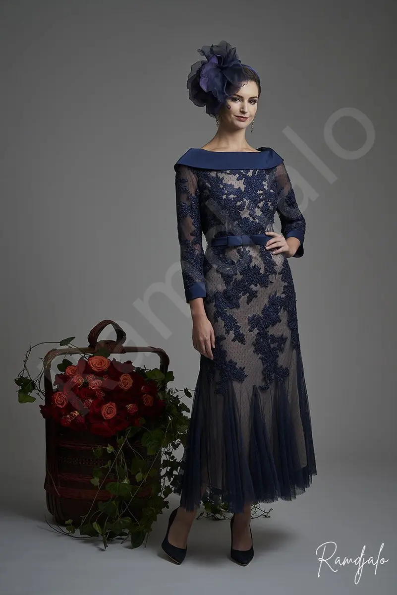 Vestidos Elegantes para madre de la novia, vestido de encaje azul marino con hombros descubiertos, lazo de satén, Eventos de noche u ocasiones especiales