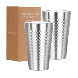 2 Pack Stainless Steel 304 Coffee Mugs Double Wall Insulated 16oz Stackable Metal Cups Diamond Textured Surface Dishwasher Safe