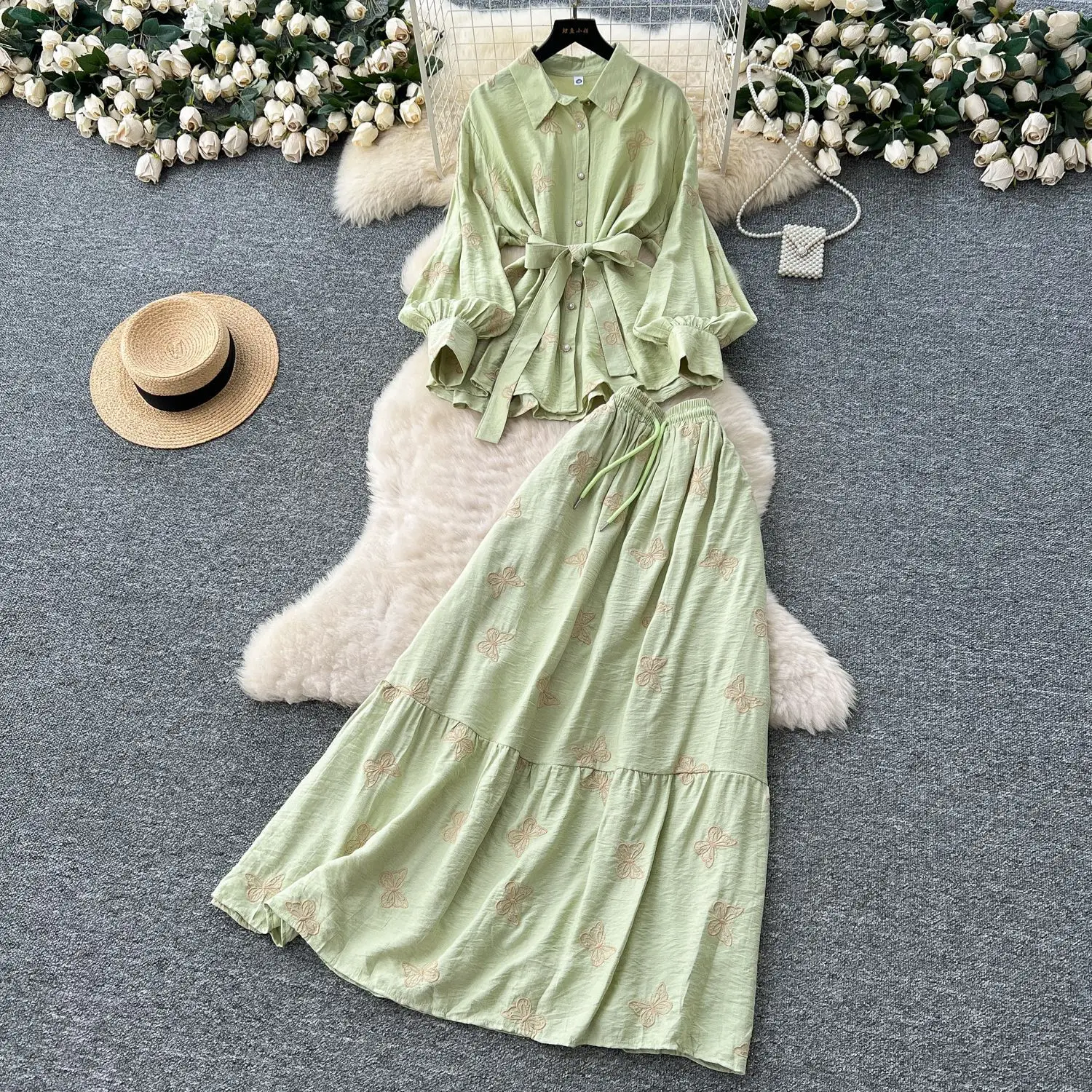 

Elegant Print Two Piece Skirt Sets Women Turn Down Neck Long Sleeve Shirts Button High Waist Long Skirt Casual A Line Dress Sets