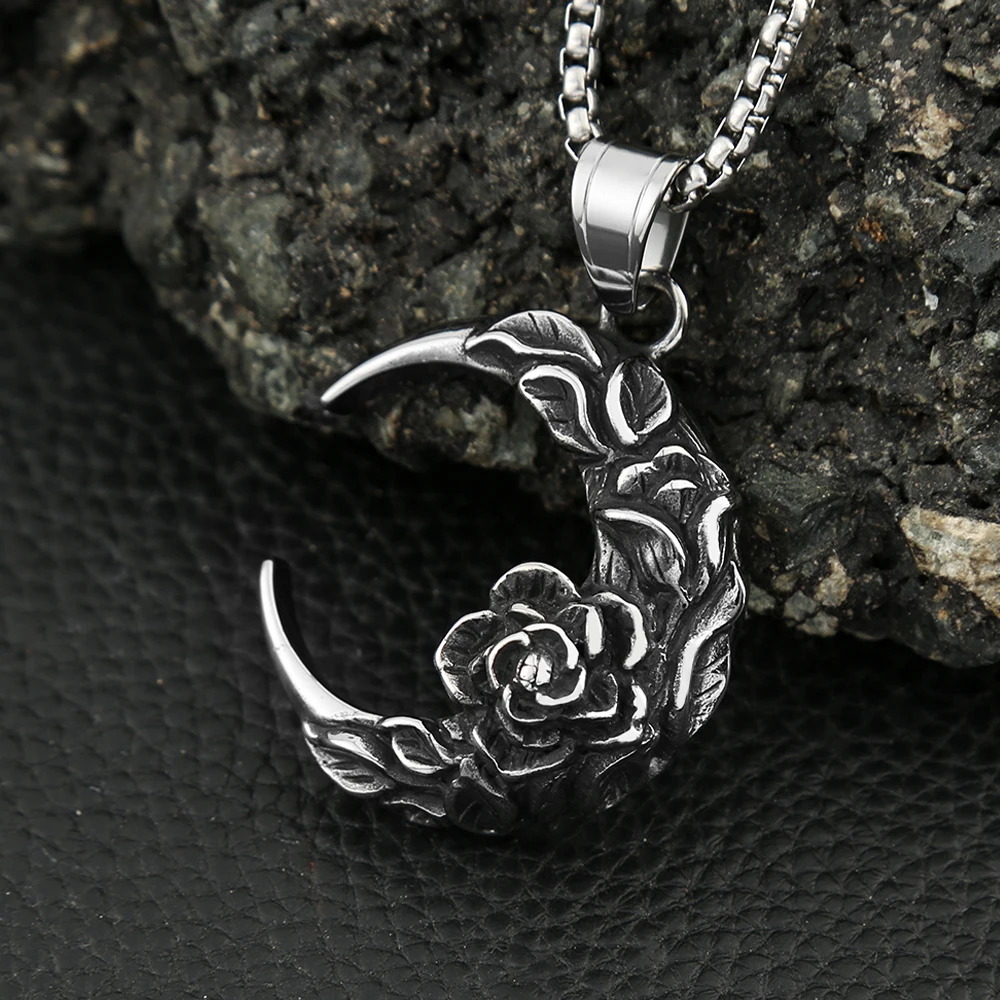 Punk Vintage 316L Stainless Steel Moon And Night Pendant With Rose For Men Women Biker Fashion Creative Jewelry Gifts Wholesale