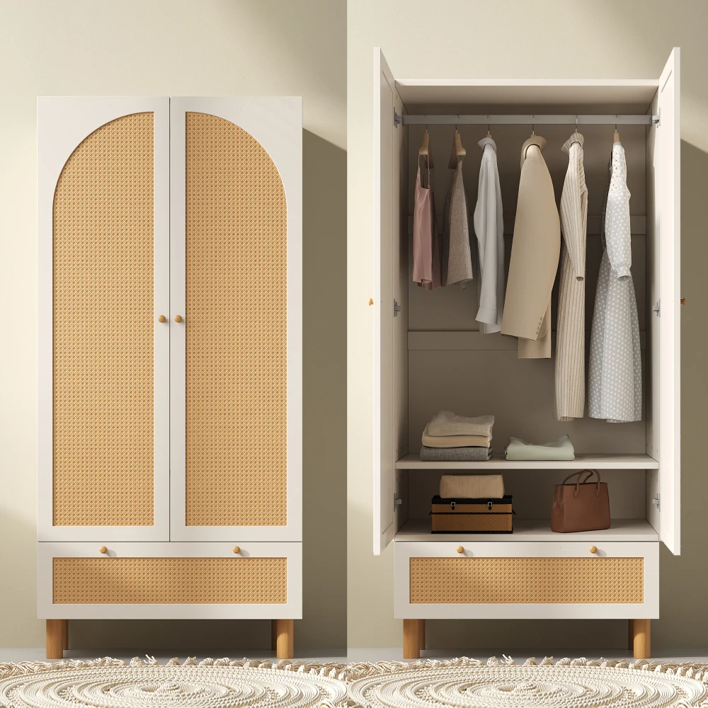 Armoire à 2 portes en rotin, style campagnard blanc avec grand tiroir, étagères réglables en hauteur et tringle à vêtements, avec dispositif anti-basculement, 180 x 85 x 52 cm (H/L/P)