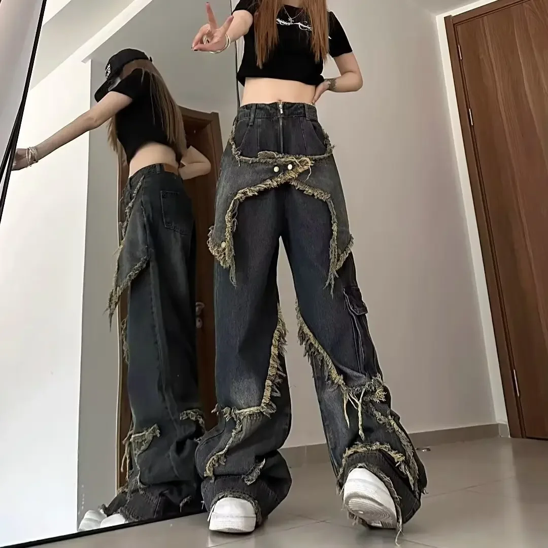 2023 Dull Black Vintage Straight-leg Bell Bottoms Star Design Sensibility Fringe Trailer Pants Loose-fit Street Jeans