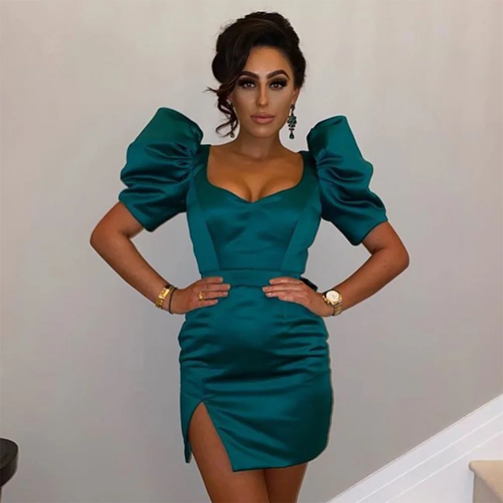 

Mini Cocktail Dress Turquoise Stain Puffy Sleeves V Neck Sheath Cocktail Gowns for Women 2024 Column Side Split Short Party Gown